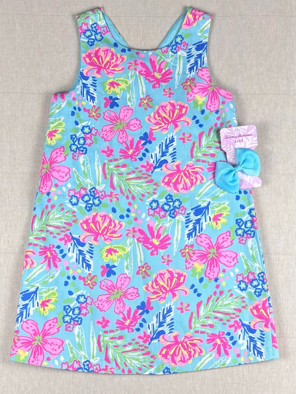 Tommy Bahama Girls' Blue Floral Shift Dress with Pink Accents